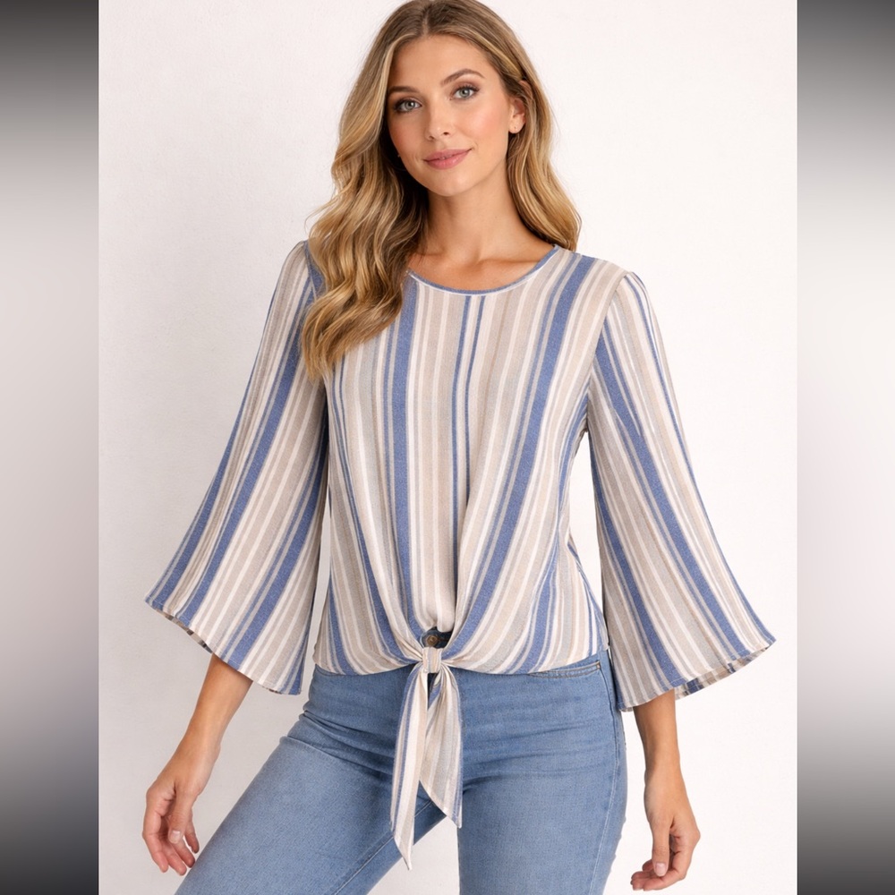 New Directions Striped Tie Front Blouse Blue Beige - Size L